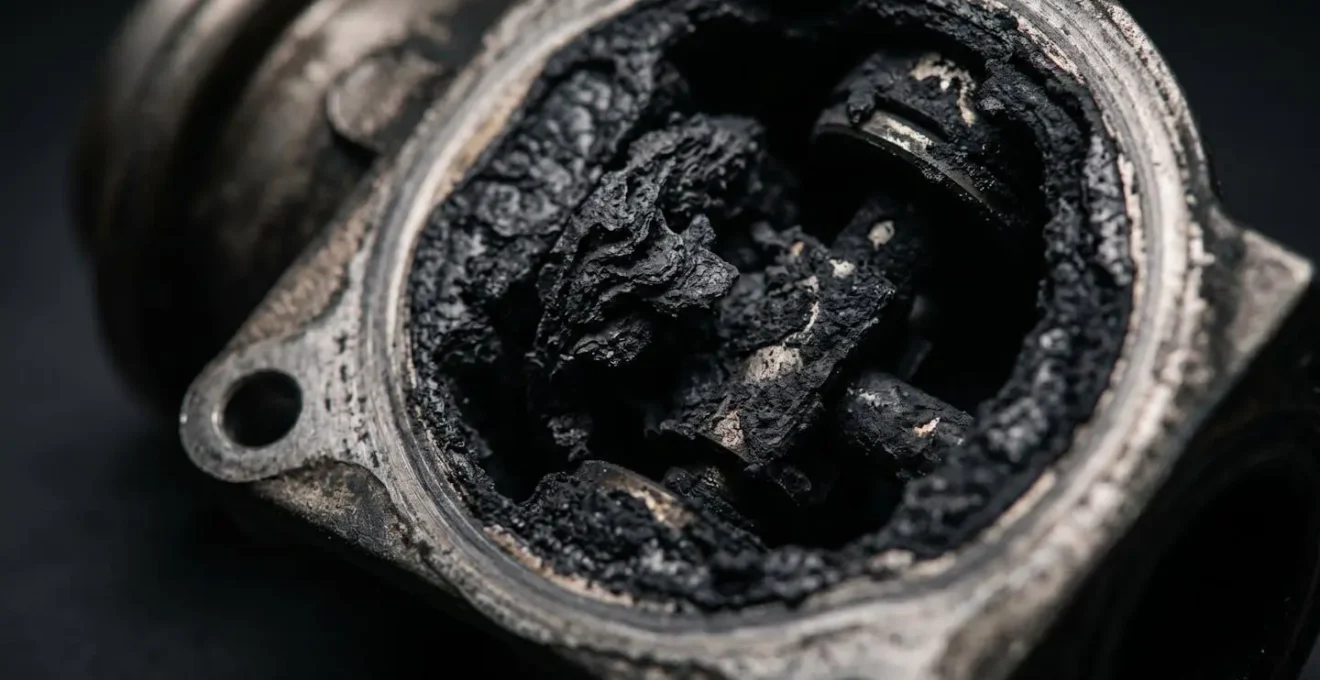 Vue macro d'une vanne EGR fortement encrassée avec dépôts de calamine