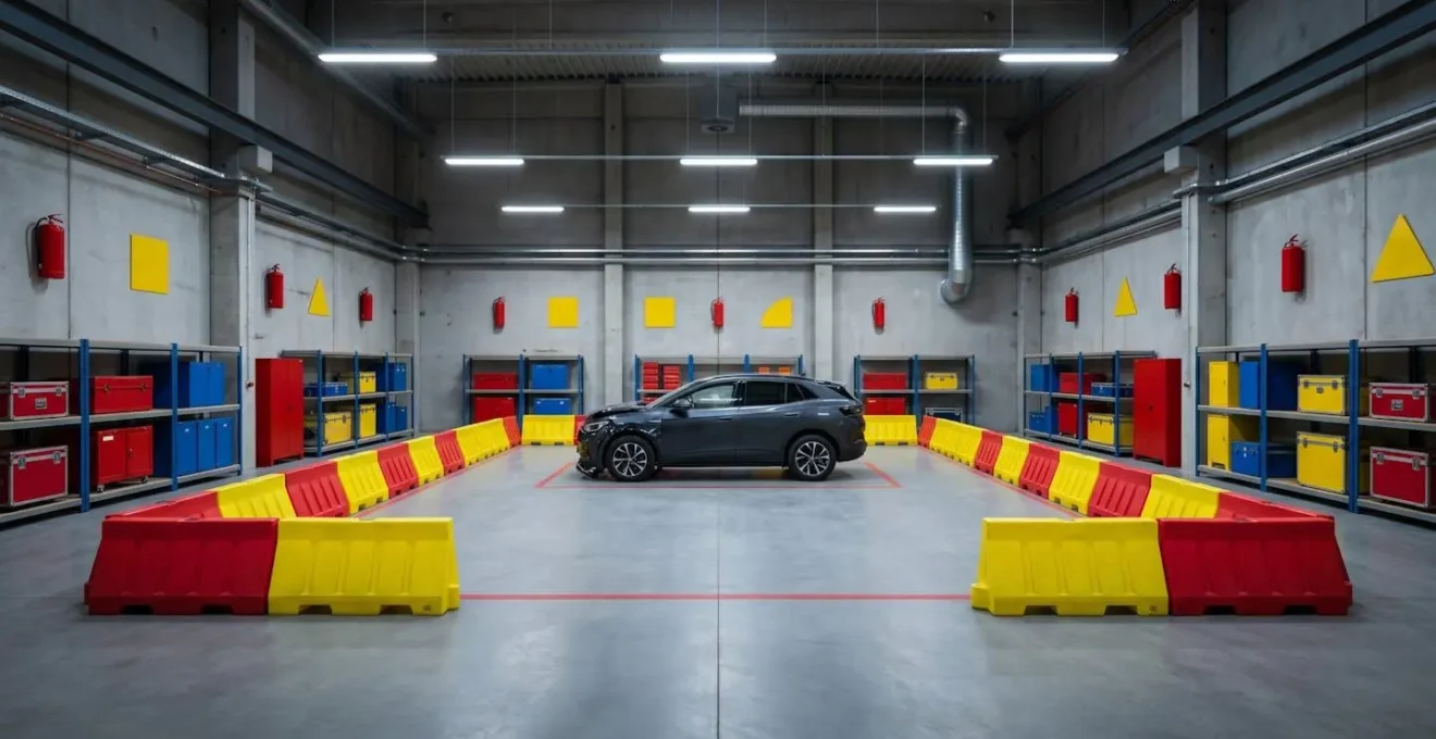 Zone de quarantaine sécurisée pour véhicule électrique accidenté avec équipements de sécurité et balisage