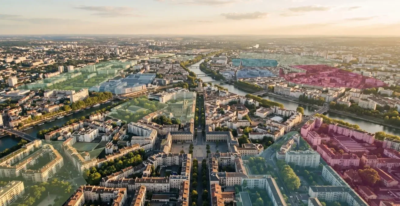 Vue aérienne d'une métropole avec zones colorées représentant les périmètres ZFE